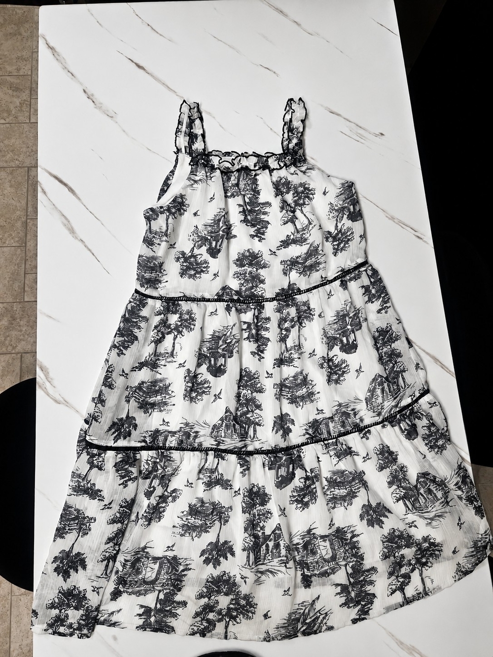 Black & White Toile Print Ruffle Strap Tiered Dress Women's XS